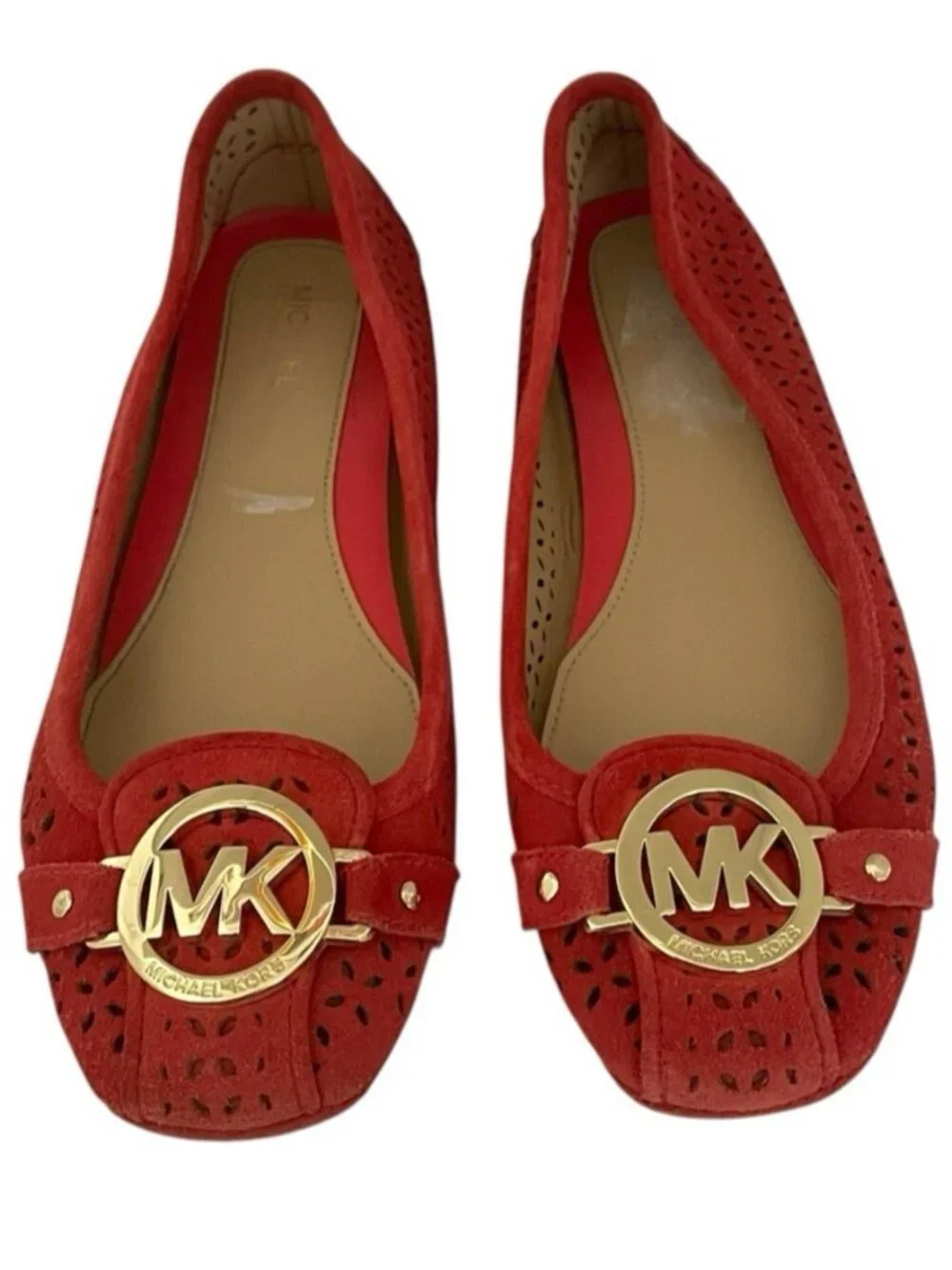 Michael Kors Womens Ballet Flats Size 6 Suede Leather Perforated MK Gold Logo
